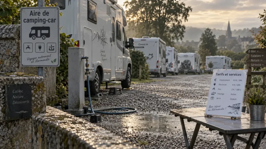 Aire de camping car en normandie : panneau et camping-car sur une aire