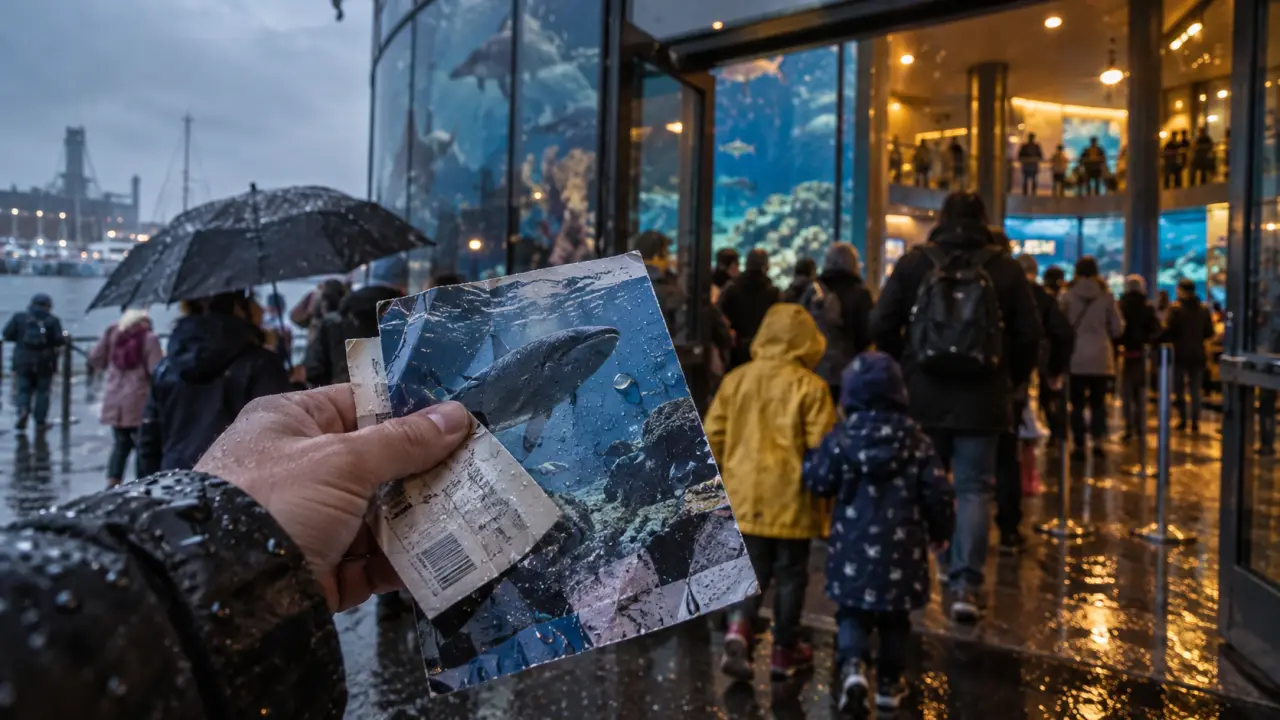 Aquarium a visiter en normandie à Cherbourg, entrée vitrée et file d’attente