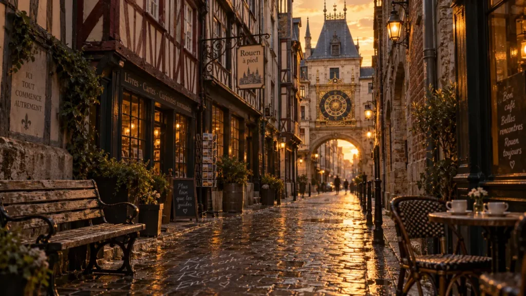 Belle ville a visiter en Normandie : Rouen au coucher du soleil, vue depuis une ruelle