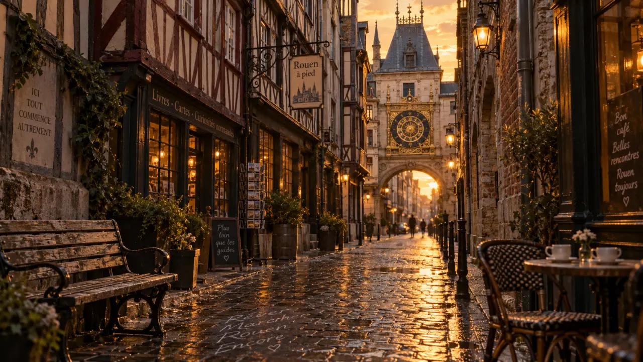 Belle ville a visiter en Normandie : Rouen au coucher du soleil, vue depuis une ruelle