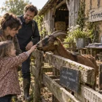 Ferme a visiter haute normandie : famille devant une chèvre en ferme normande