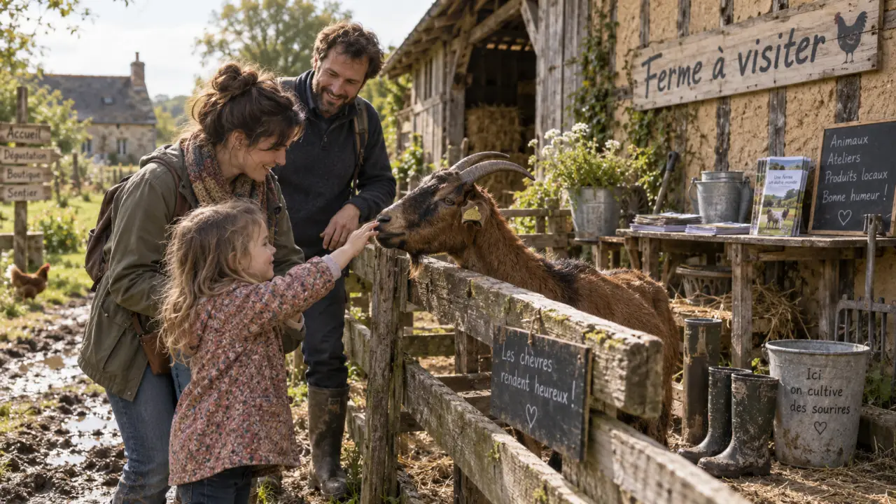 Ferme a visiter haute normandie : famille devant une chèvre en ferme normande