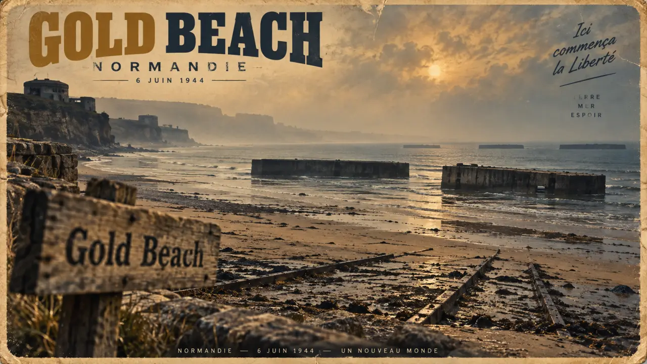 Gold Beach Normandie : Arromanches, rails de débarquement et caissons Phoenix