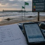 Horaires des marées à Houlgate sur téléphone, feuille et bottes sur la plage