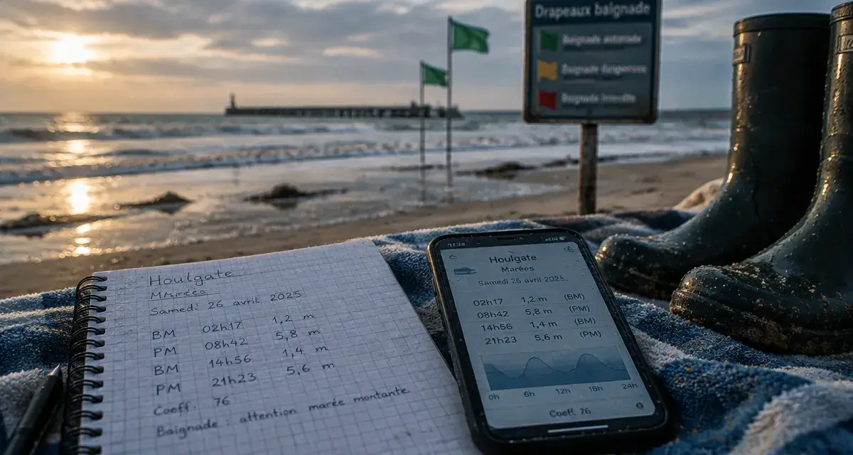 Horaires des marées à Houlgate sur téléphone, feuille et bottes sur la plage