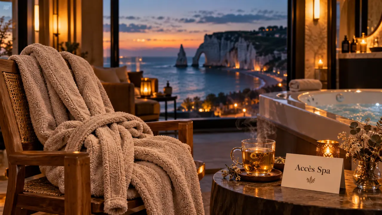 Hotel spa Etretat : accès spa, vue mer, peignoir beige, tisane