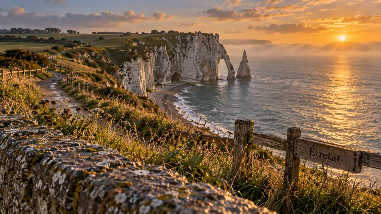 Les plus beaux sites a visiter en normandie : falaises d’Étretat, vue dorée à l’aube