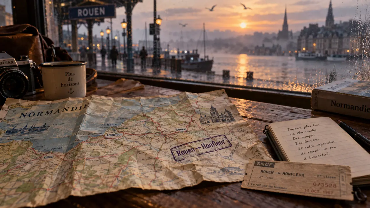 Les plus belles villes de normandie : carte Rouen–Honfleur sur table en bois