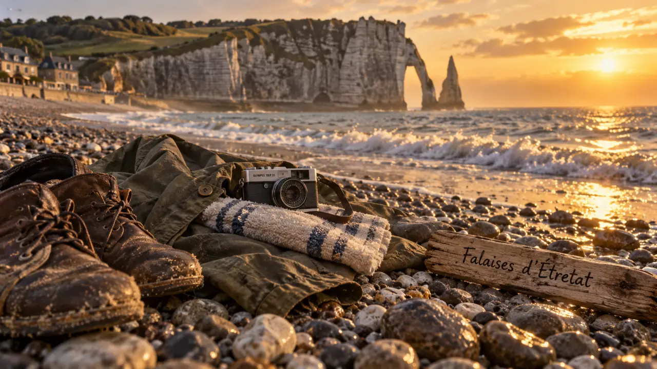 Plage a visiter normandie : falaises d’Étretat, galets et mer au golden hour