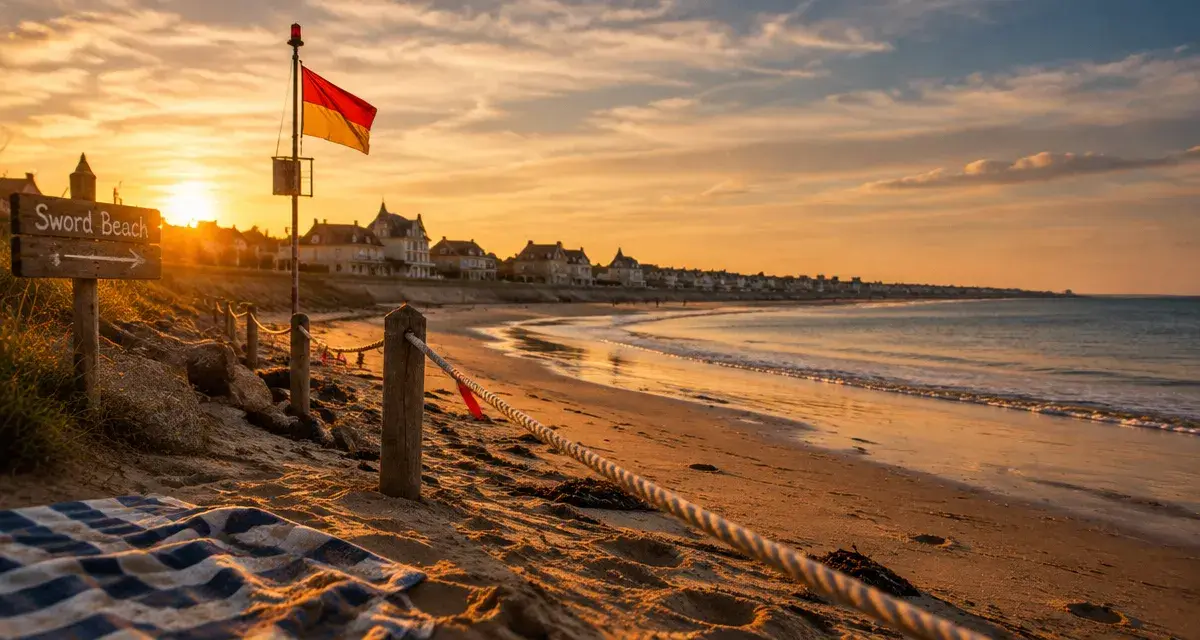 Plage hermanville sur Mer : Sword Beach, sable et villas au coucher du soleil