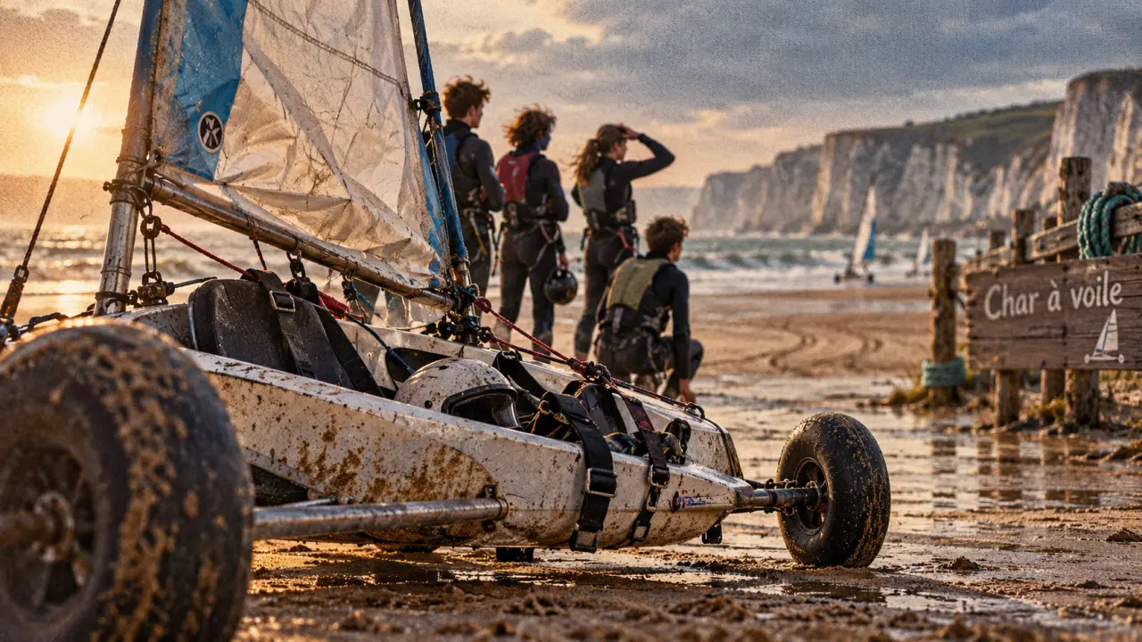 Que faire avec des ados en Normandie : char à voile sur la plage, ados en combinaison
