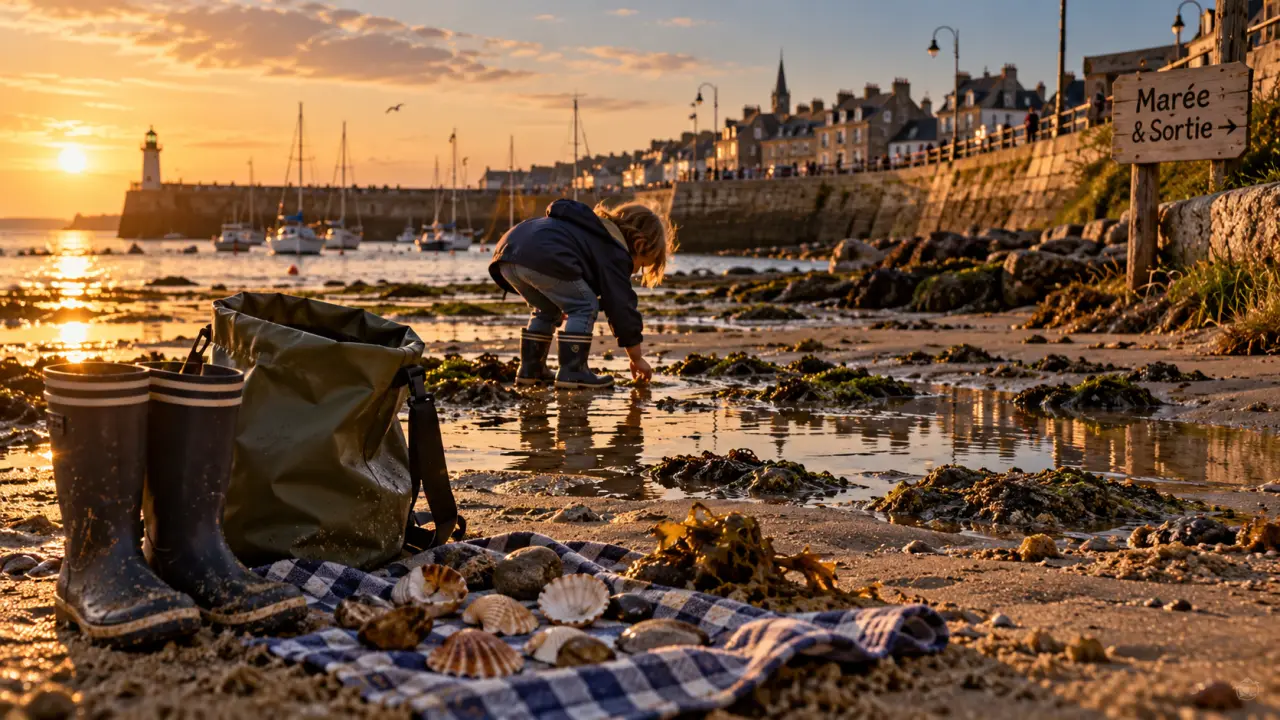 Que faire ce week-end en Normandie avec des enfants : enfant à marée basse sur la plage, bottes en caoutchouc