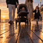 Que faire à Deauville en famille : photos sur les Planches, famille avec poussette
