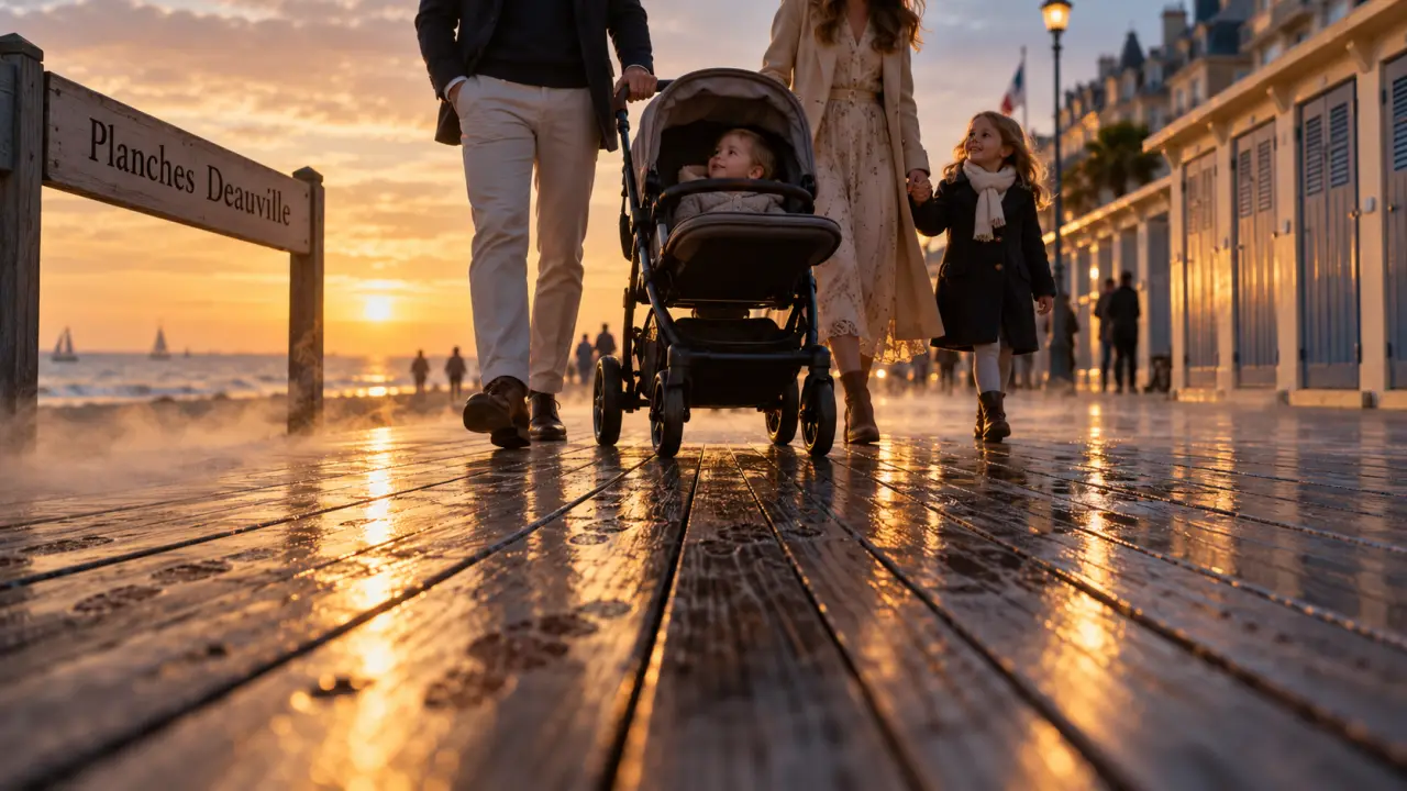 Que faire à Deauville en famille : photos sur les Planches, famille avec poussette