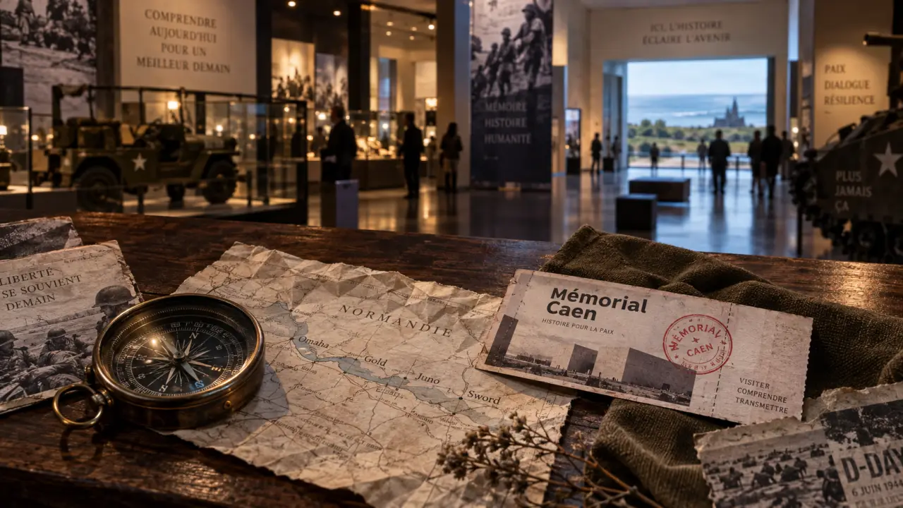 Quel musée du débarquement visiter en Normandie : boussole et billet “Mémorial Caen” dans un musée.