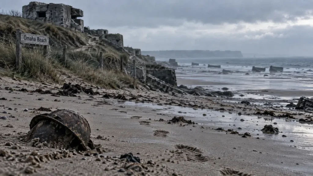 Site a visiter debarquement normandie : Omaha Beach, sable humide et traces vers l’océan