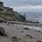 Site a visiter debarquement normandie : Omaha Beach, sable humide et traces vers l’océan