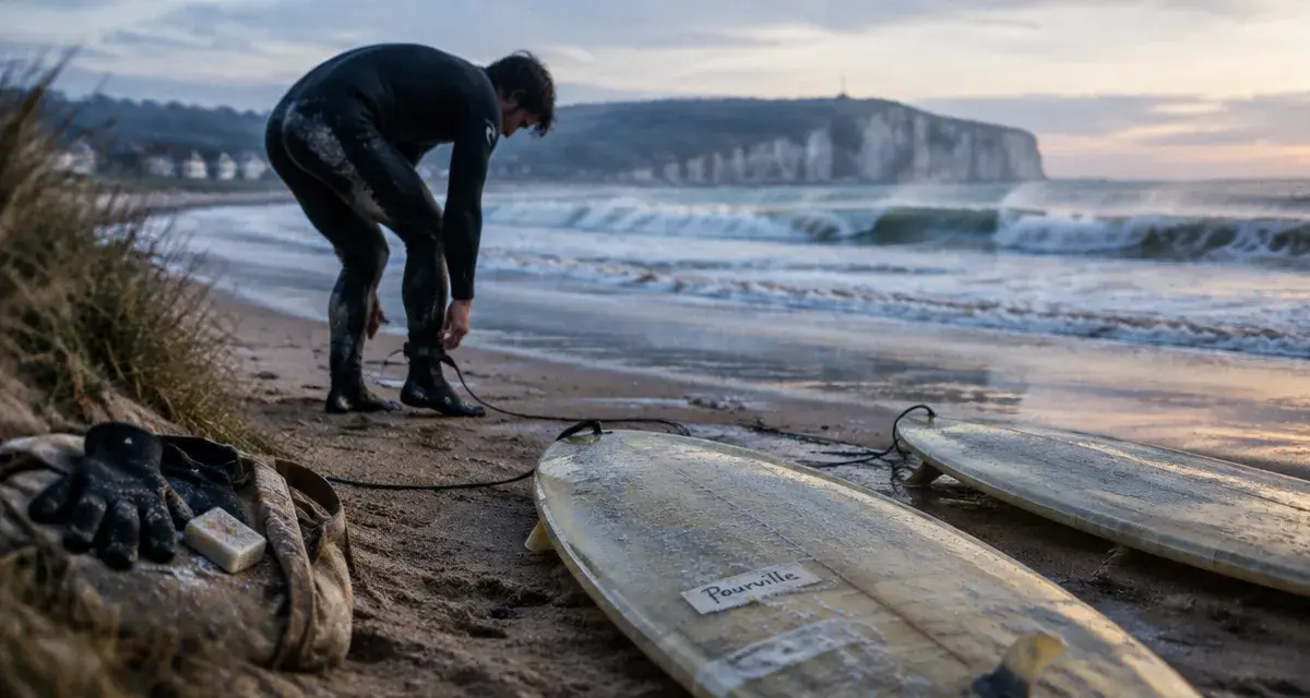 Surf normandie à Pourville-sur-Mer : surfeur enfilant son leash sur la plage