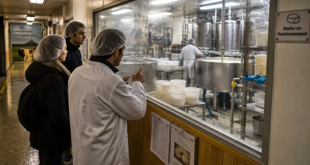Usine a visiter en normandie : fromagerie avec guide et visiteurs derrière vitre