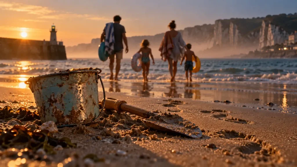 Vacances en famille en Normandie, famille sur une plage au golden hour