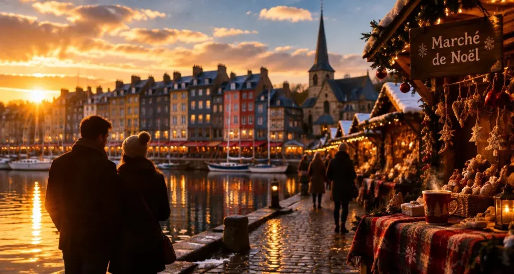 Village de noël à visiter en normandie : marché de Noël d’Honfleur, chalets enneigés au golden hour