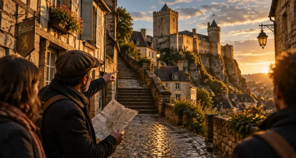 Visiter Falaise Normandie : château médiéval depuis une ruelle pavée au golden hour