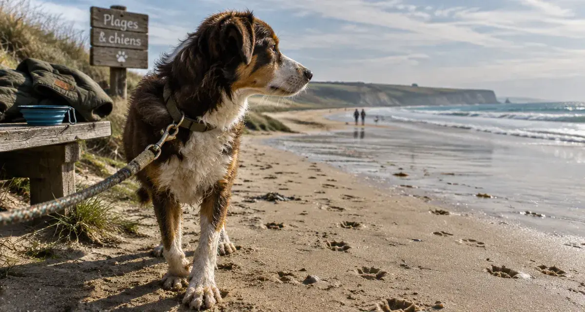 Visiter la Normandie avec un chien : plage autorisée, chien en laisse sur le sable humide