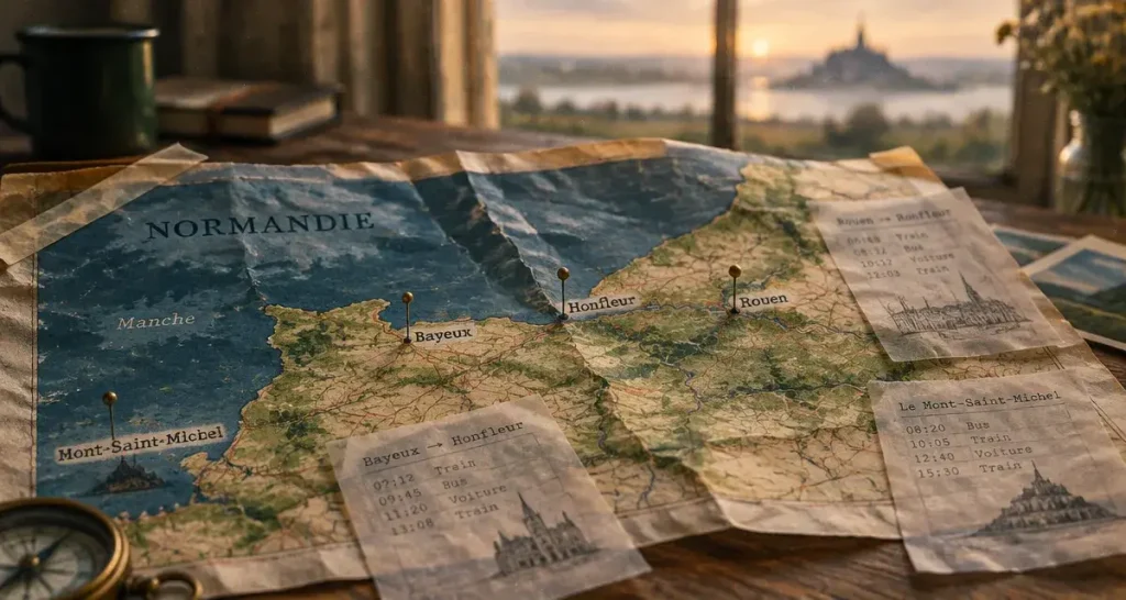 Visiter la normandie carte : itinéraires et temps de route, Normandie en plan