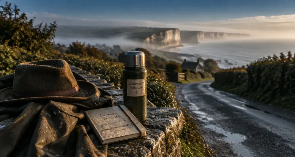 Visiter la normandie en octobre : route vers falaises blanches et brume matinale