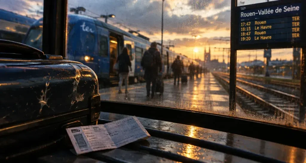 Visiter la Normandie en train : billet et valise en gare, TER vers Rouen