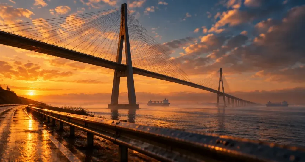 Visiter le pont de Normandie : vue golden hour depuis la rive, estuaire brumeux